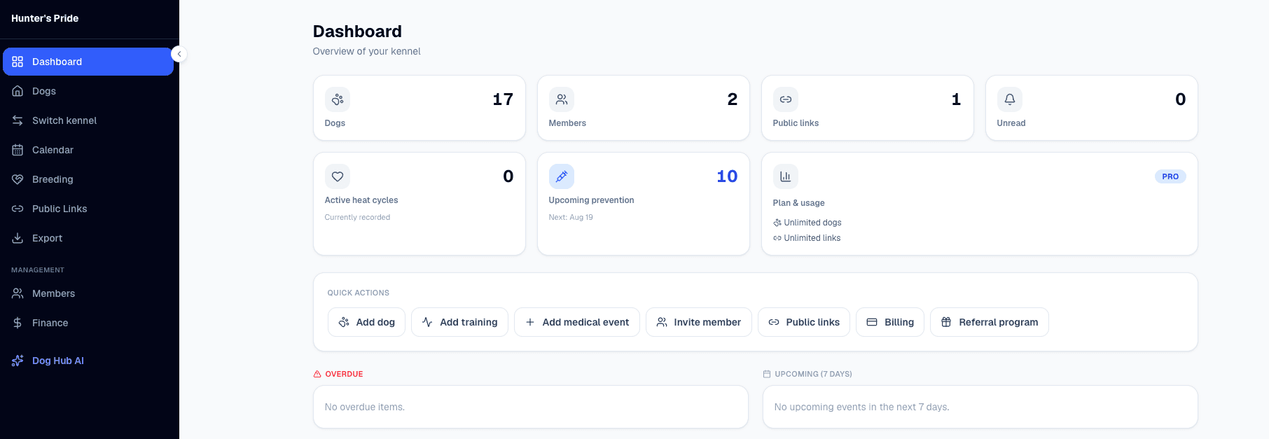 Dog Hub Dashboard — Hunter's Pride kennel